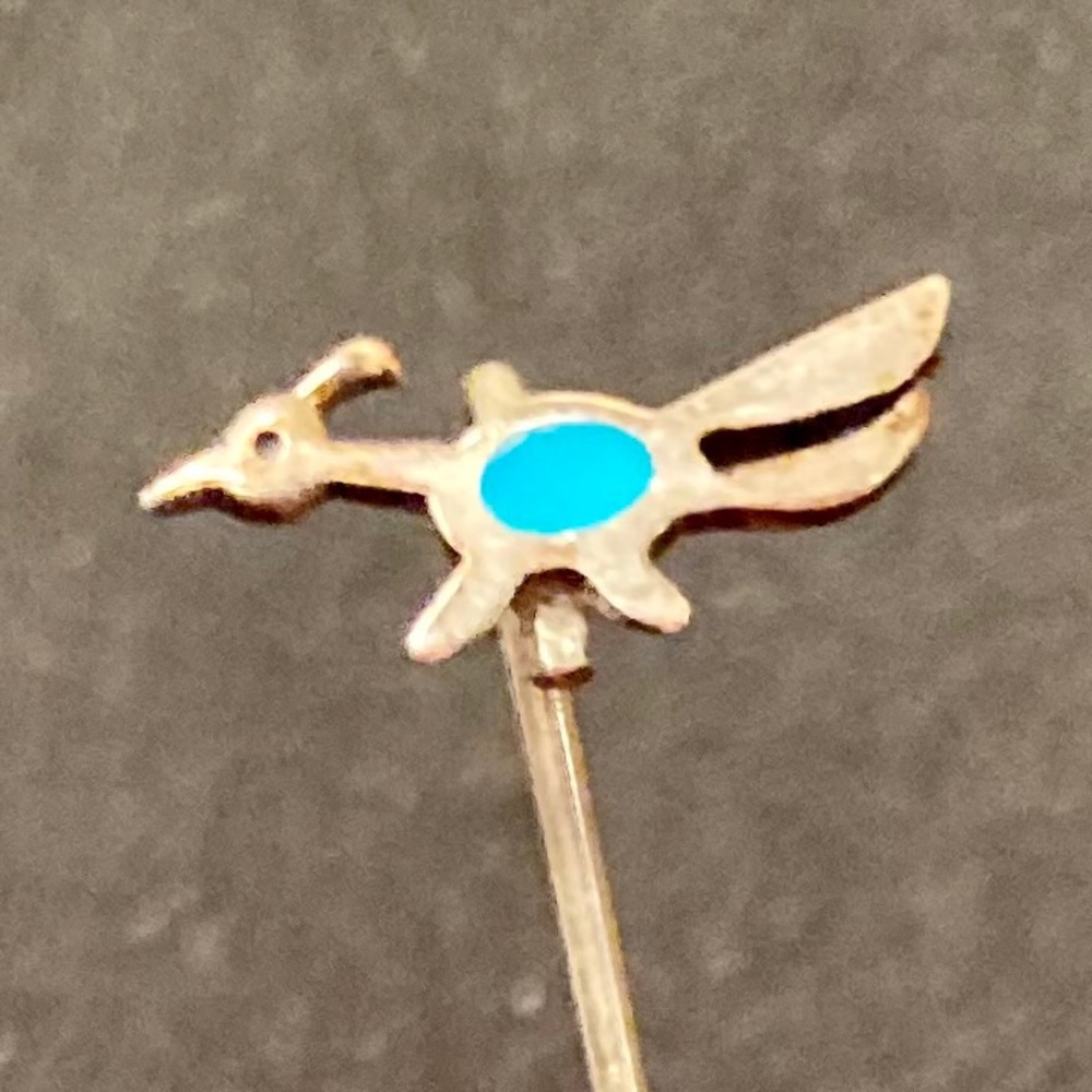 Vintage Native American Turquoise Boho Silver Roadrunner Pin